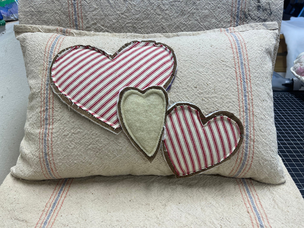 Vintage Flour & Grain Sack Hearts Pillow