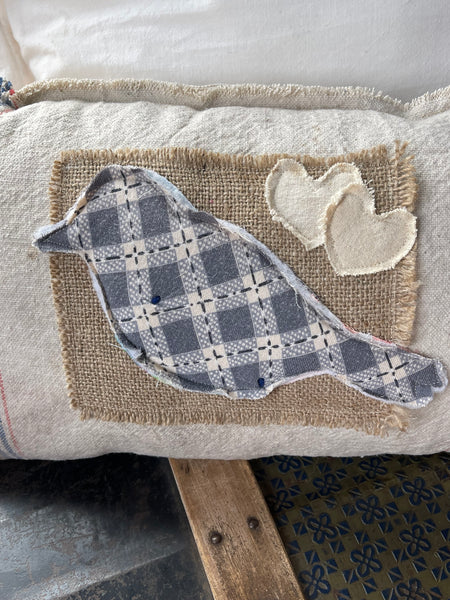 Vintage Grain Sack Bird Pillow