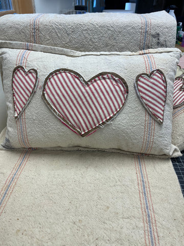 Vintage Flour & Grain Sack Hearts Pillow