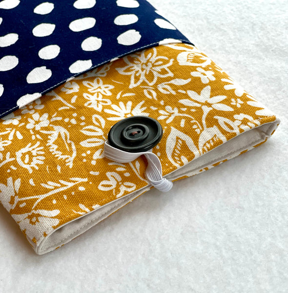 Sketchy Floral & Navy Dots Book Sleeve w/ Pocket