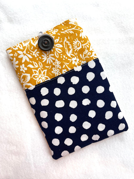 Sketchy Floral & Navy Dots Book Sleeve w/ Pocket