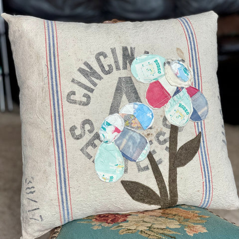 Floral Applique Vintage Grain Sack Pillow