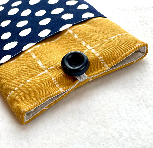 Yellow & Navy Dots Book Sleeve w/ Pocket